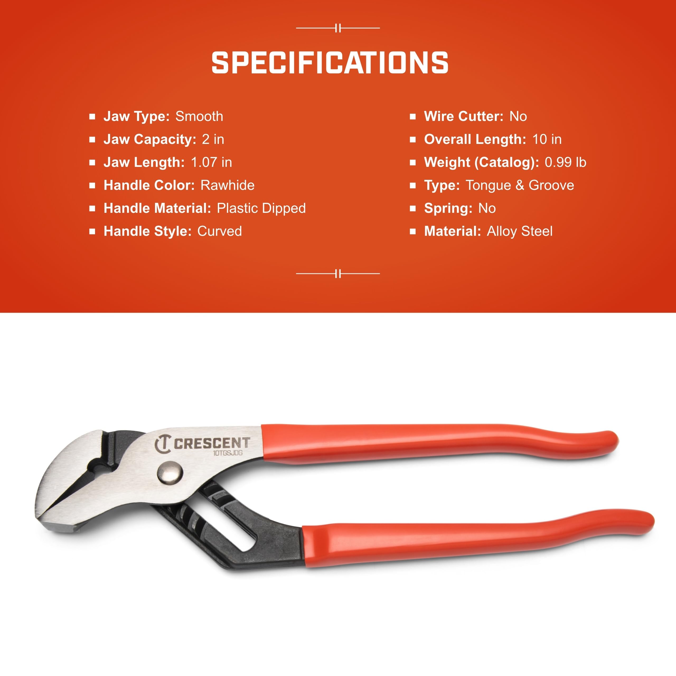Crescent 10" Smooth Jaw Dipped Handle Tongue & Groove Pliers - Versatile Hand Tool for Home Improvement & Plumbing Tasks - 10TGSJDG - Image 6