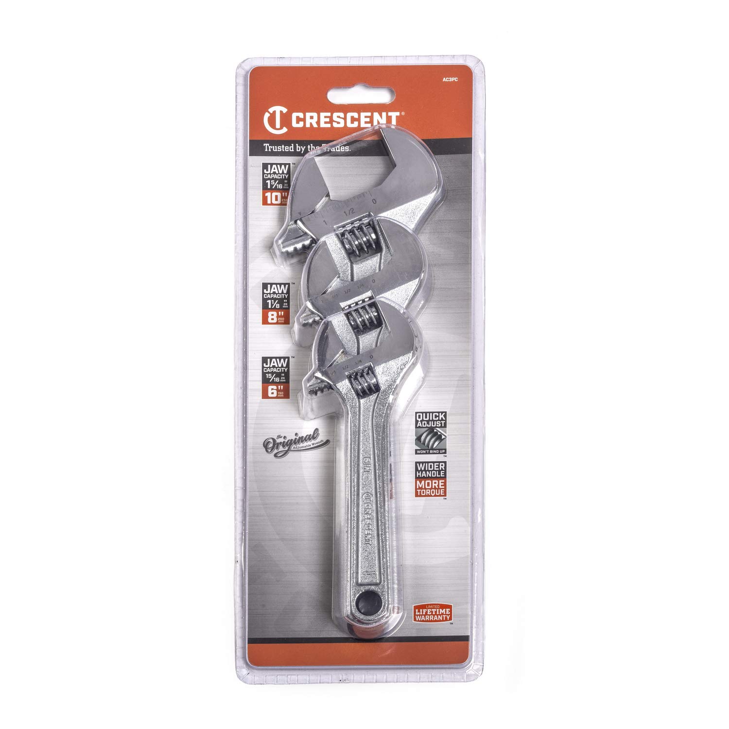 Crescent 3 Pc. Adjustable Wrench Set 6", 8" & 10" - Mechanical & Plumbing Wrenches - With Larger Knurl & Hex Jaw - Chrome Plated to Resist Rust & Corrosion - Reduces Fatigue - Hand Tools - AC3PC - Image 7