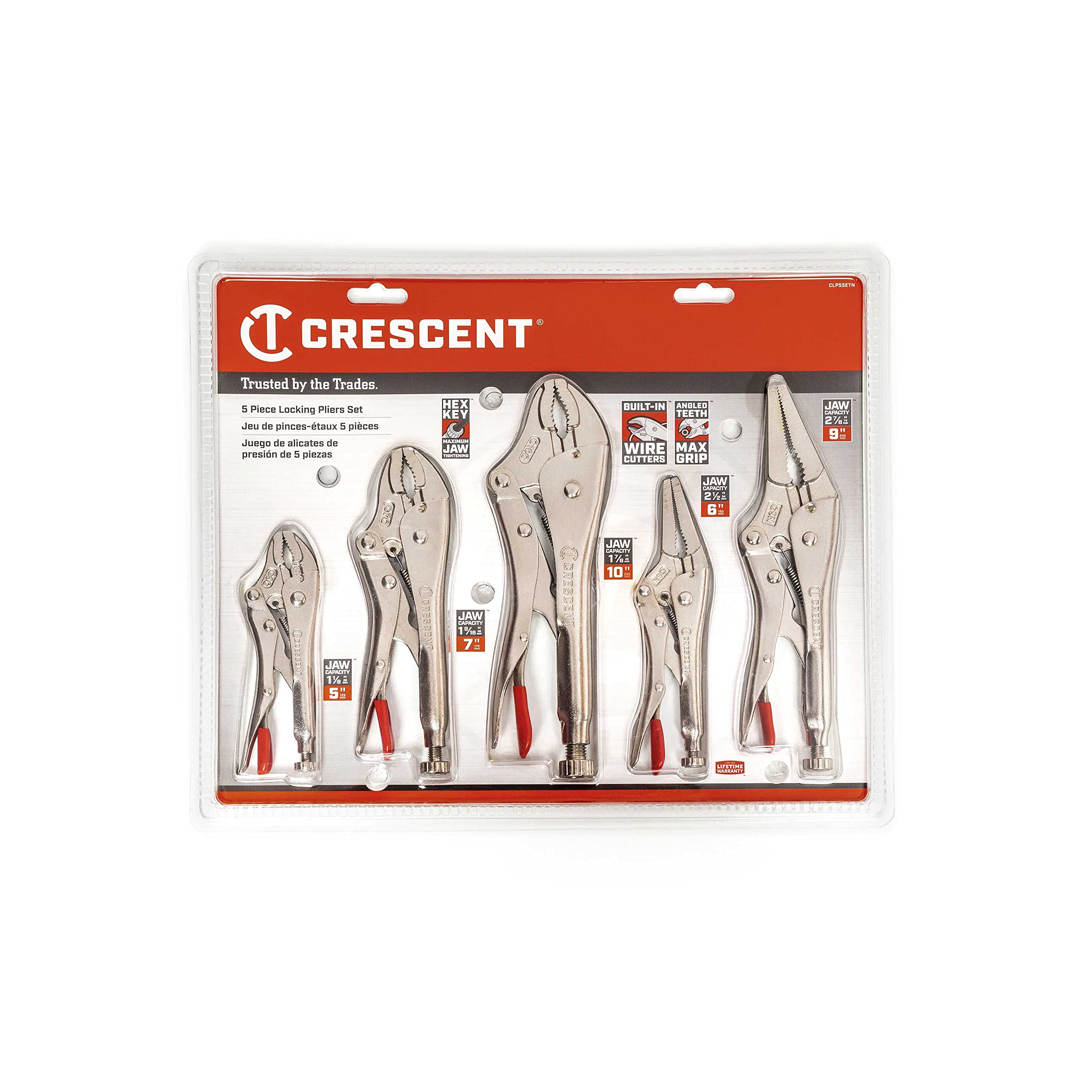 Crescent 5 Piece 5 Inch, 7 Inch & 10 Inch Curved Jaw & 6 Inch & 9 Inch Long Nose Locking Pliers with Wire Cutter - CLP5SETN - Image 12