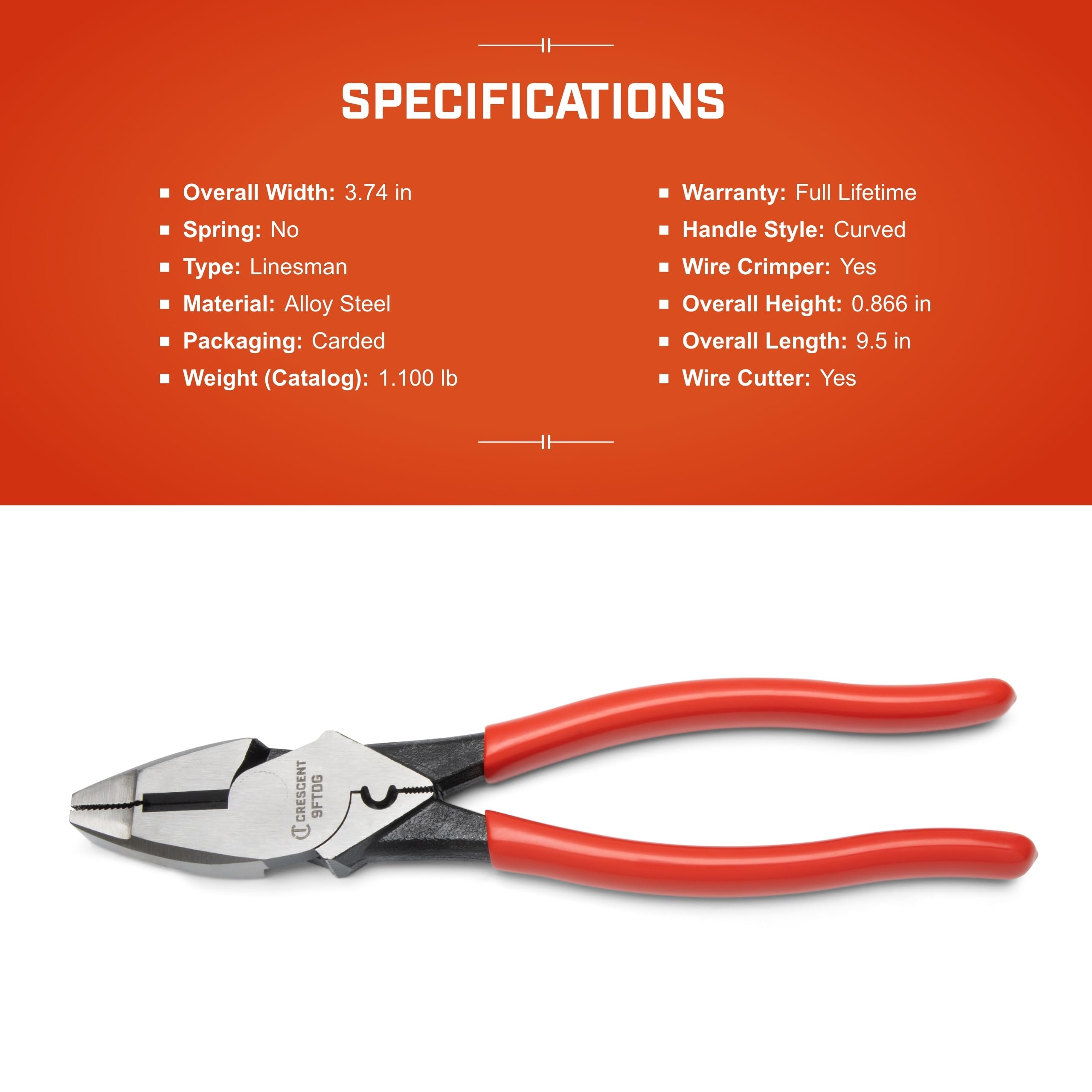 Crescent 9FTDG Linesman Wide Fish Tape Puller Dipped Plier, 9.5" Size - Image 7