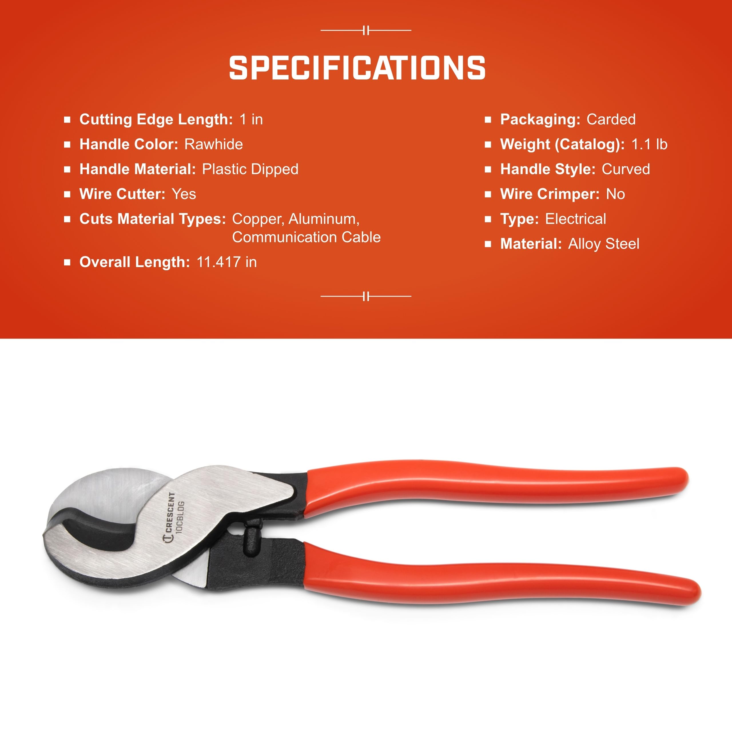 Crescent Cable Cutter, Dipped Handle Pliers - Premium Cutting Pliers with Sheer-Cut Blades & Ergonomic Grip - Professional-Grade Hand Tool - 10" - 10CBLDG - Image 6