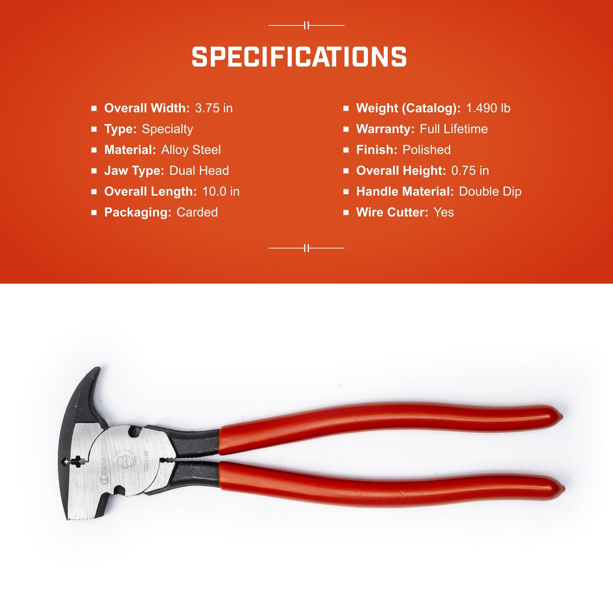 Crescent Dipped Handle, Heavy-Duty Solid Joint Fence Tool Pliers - Premium Wire Cutter & Staple Puller - 193410CVNN-05-10", Red - Image 6