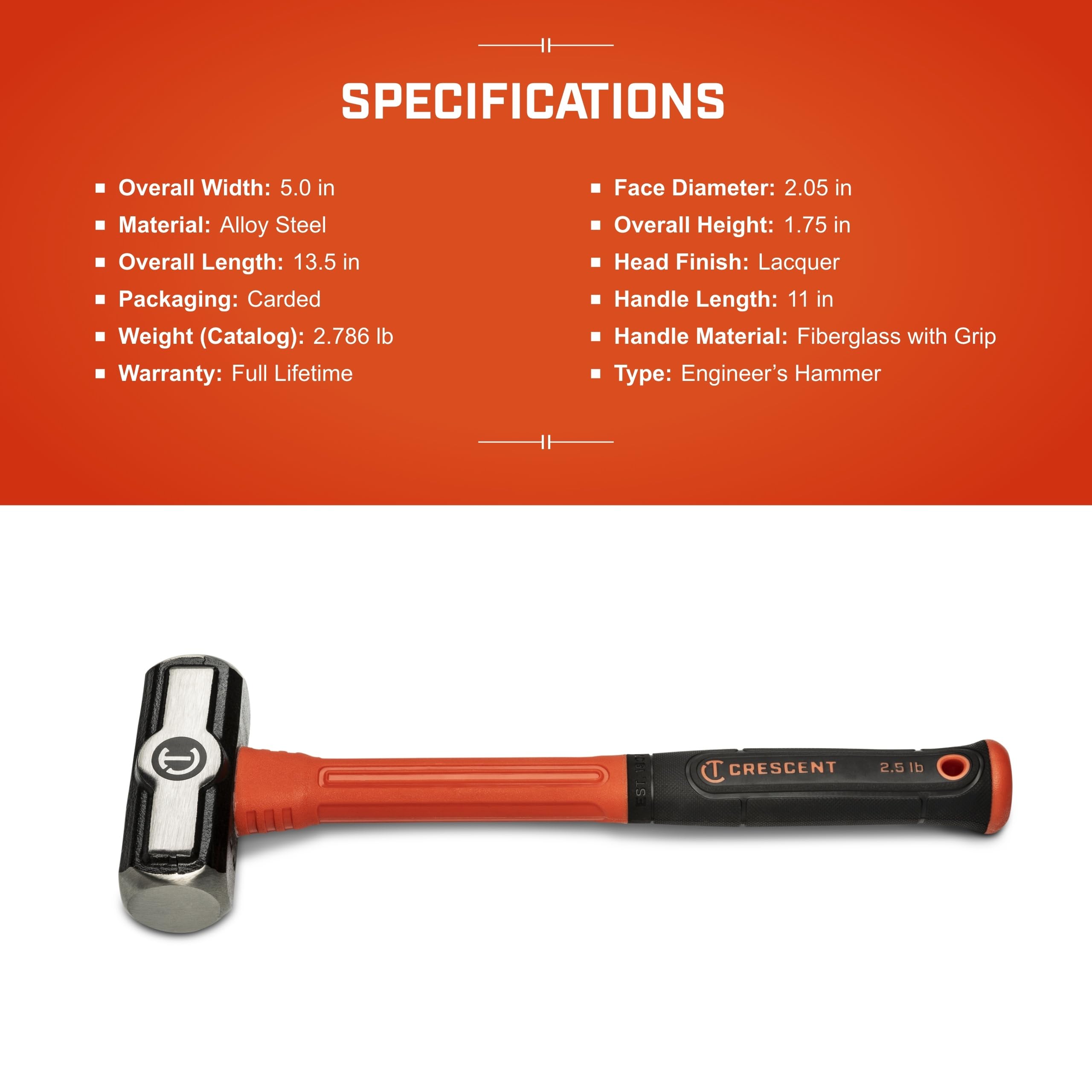 Crescent Fiberglass Engineer Hammer - Shock-Reducing Hammer with Ergonomic Grip & Forged Steel Head - Premium Hand Tool - 2 1/2 lb - CHFENG40 - Image 4