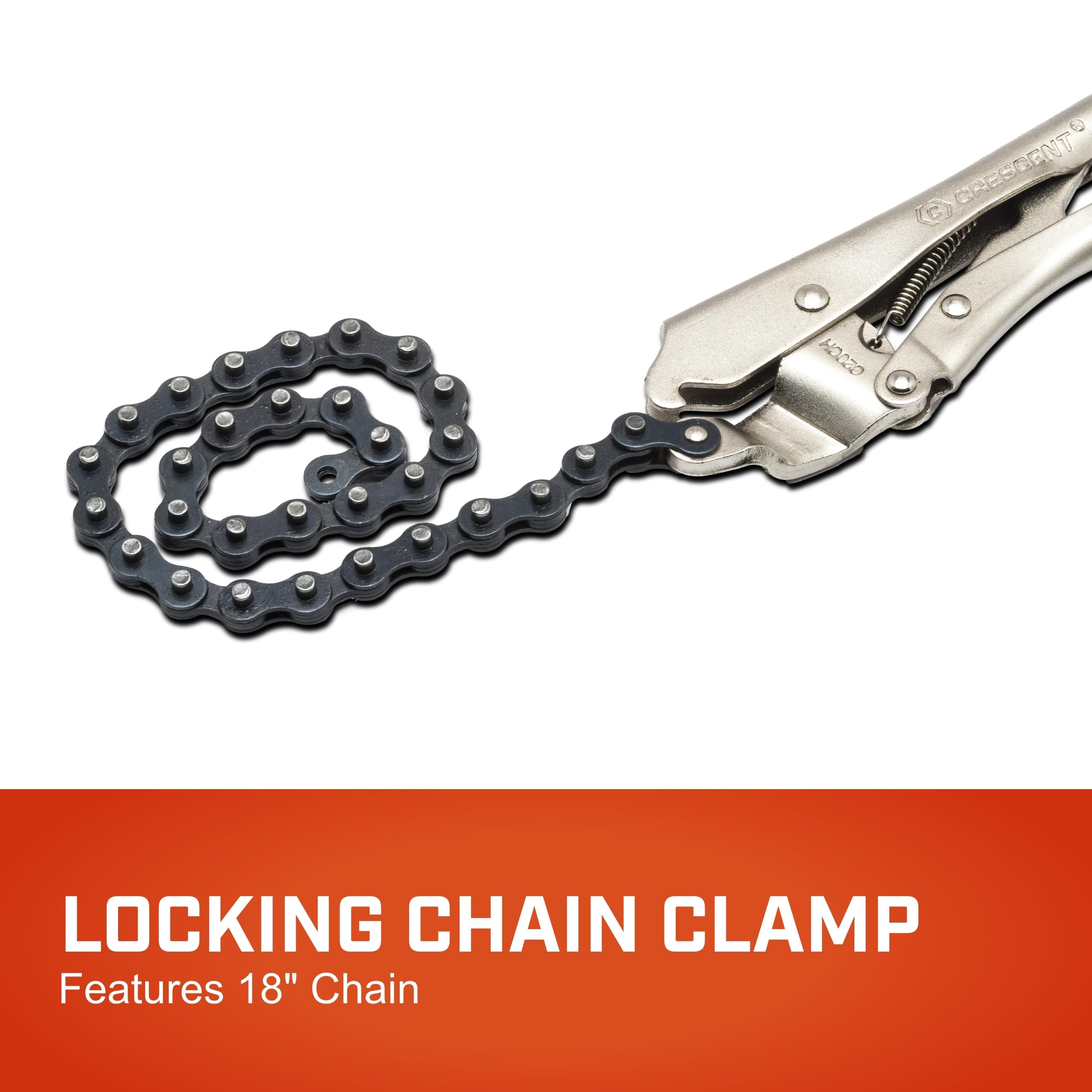 Crescent Locking Chain Clamp with 18" Chain - Nickel-Plated Metal Clamp - Features Compound Action & Hex Key Receiver - C20CHN - 9", Red - Image 2
