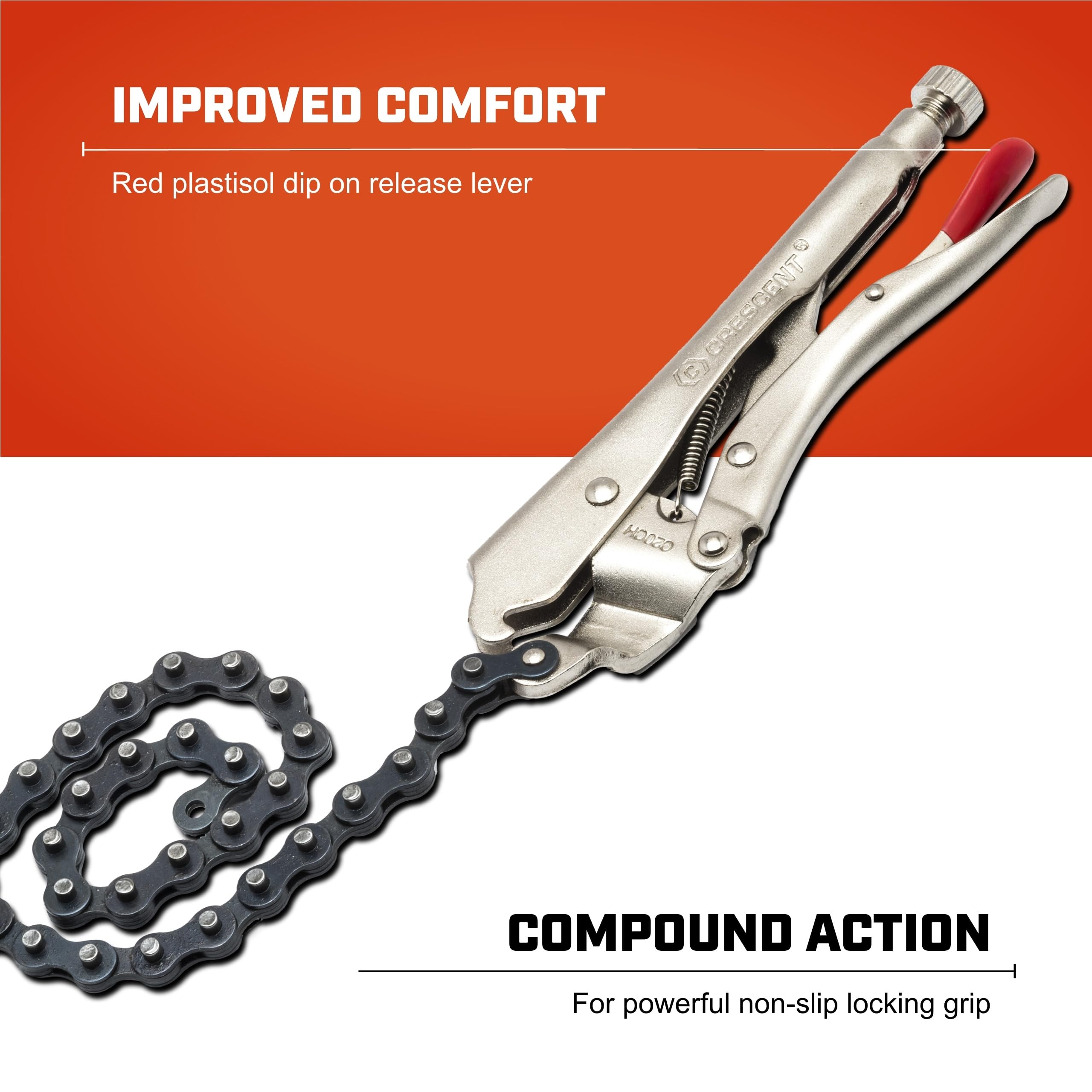 Crescent Locking Chain Clamp with 18" Chain - Nickel-Plated Metal Clamp - Features Compound Action & Hex Key Receiver - C20CHN - 9", Red - Image 3