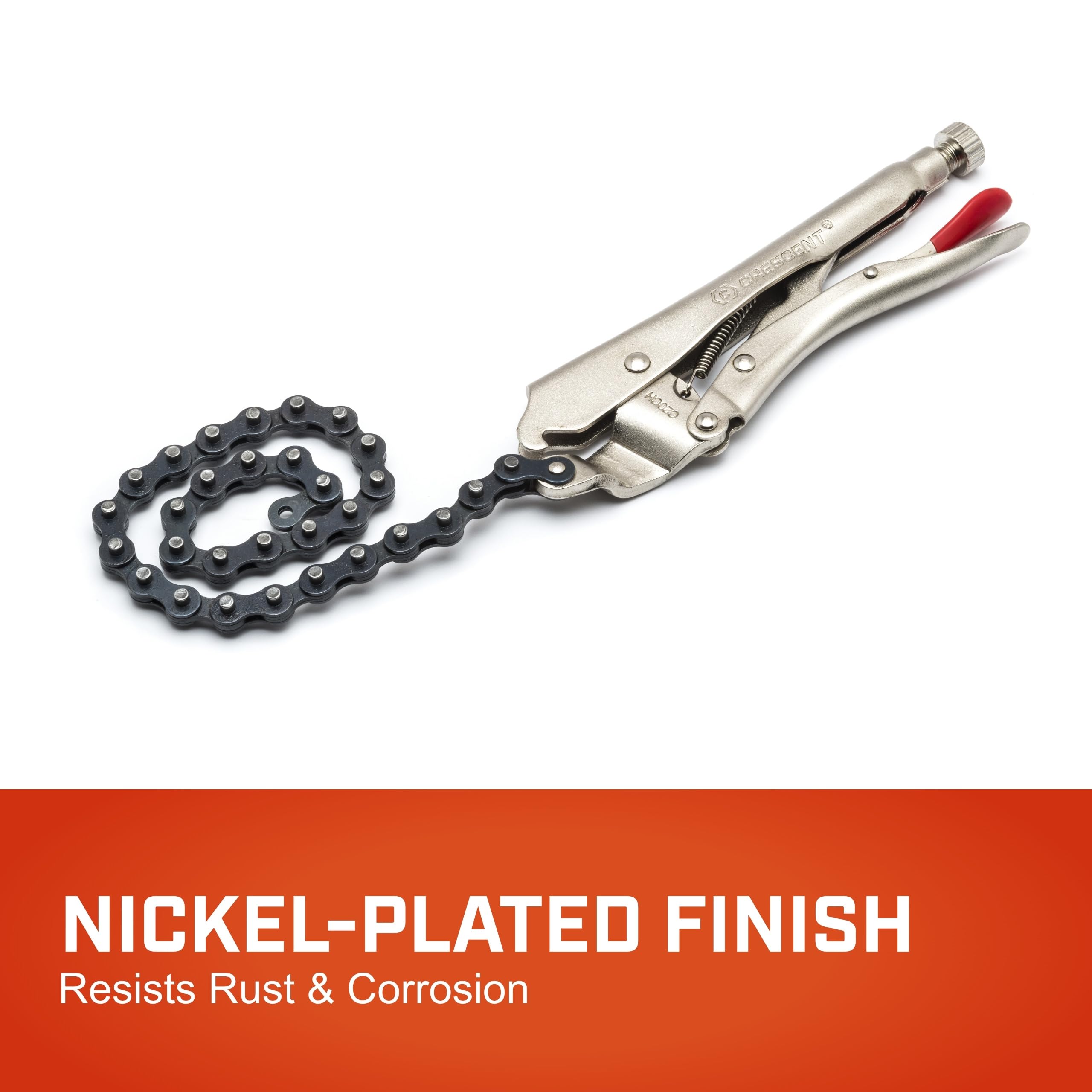 Crescent Locking Chain Clamp with 18" Chain - Nickel-Plated Metal Clamp - Features Compound Action & Hex Key Receiver - C20CHN - 9", Red - Image 4