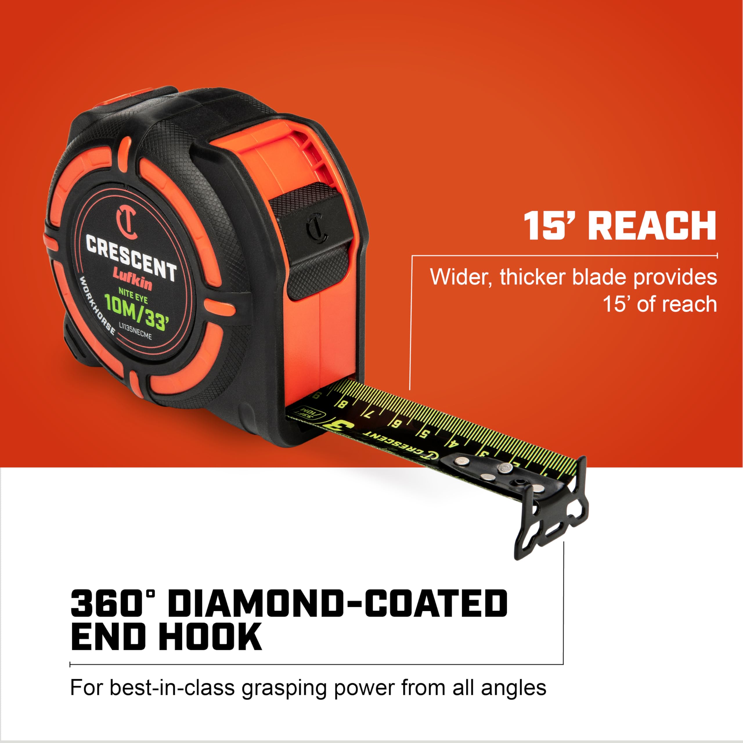 Crescent Lufkin 10 Meter / 35 Ft. Ft. WORKHORSE NITE EYE Tape Measure | L1135NECME - Image 3