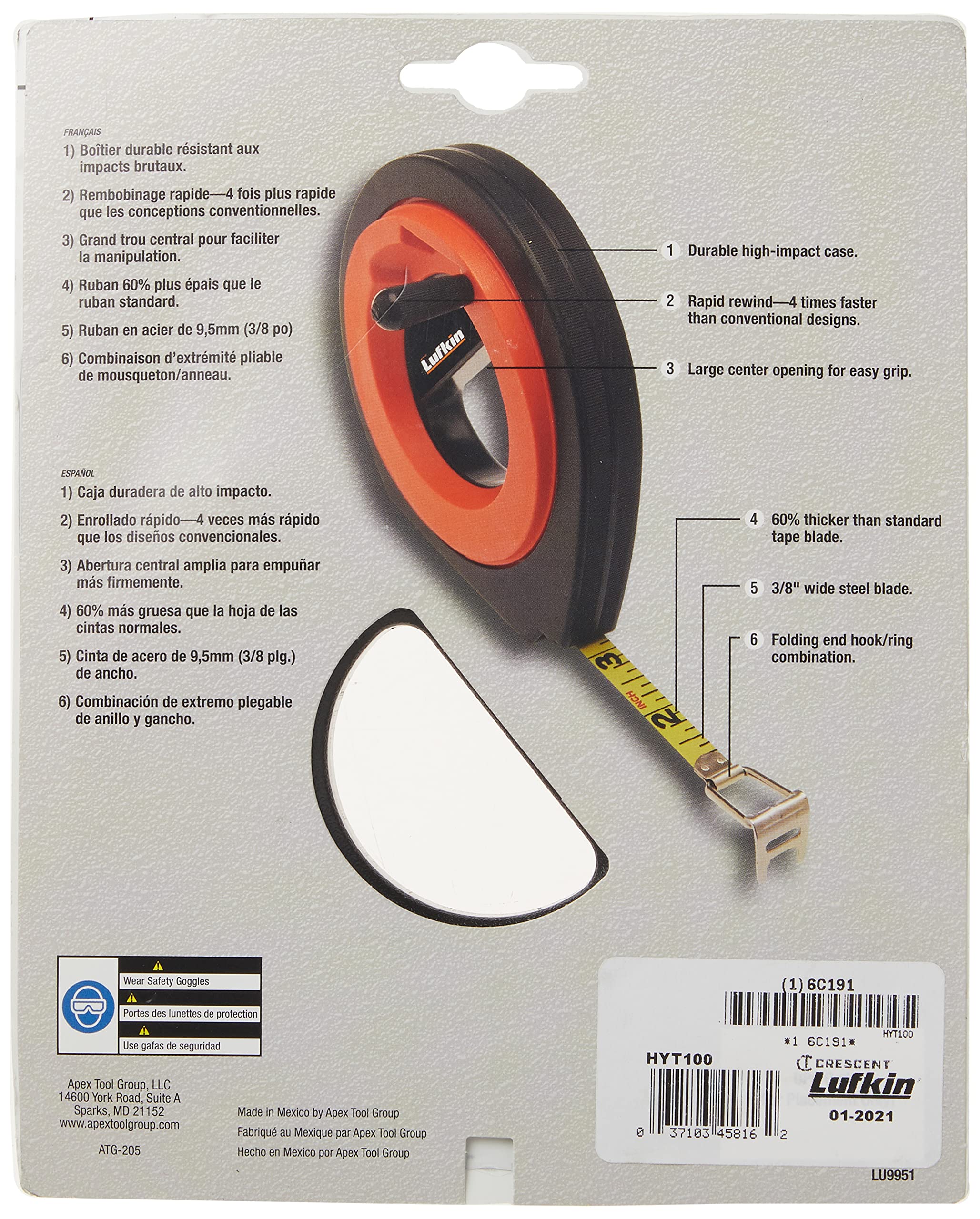 Crescent Lufkin 3/8" x 100' Hi-Viz® Orange Speedwinder® Yellow Clad Long Steel Tape Measure - HYT100 - Image 3