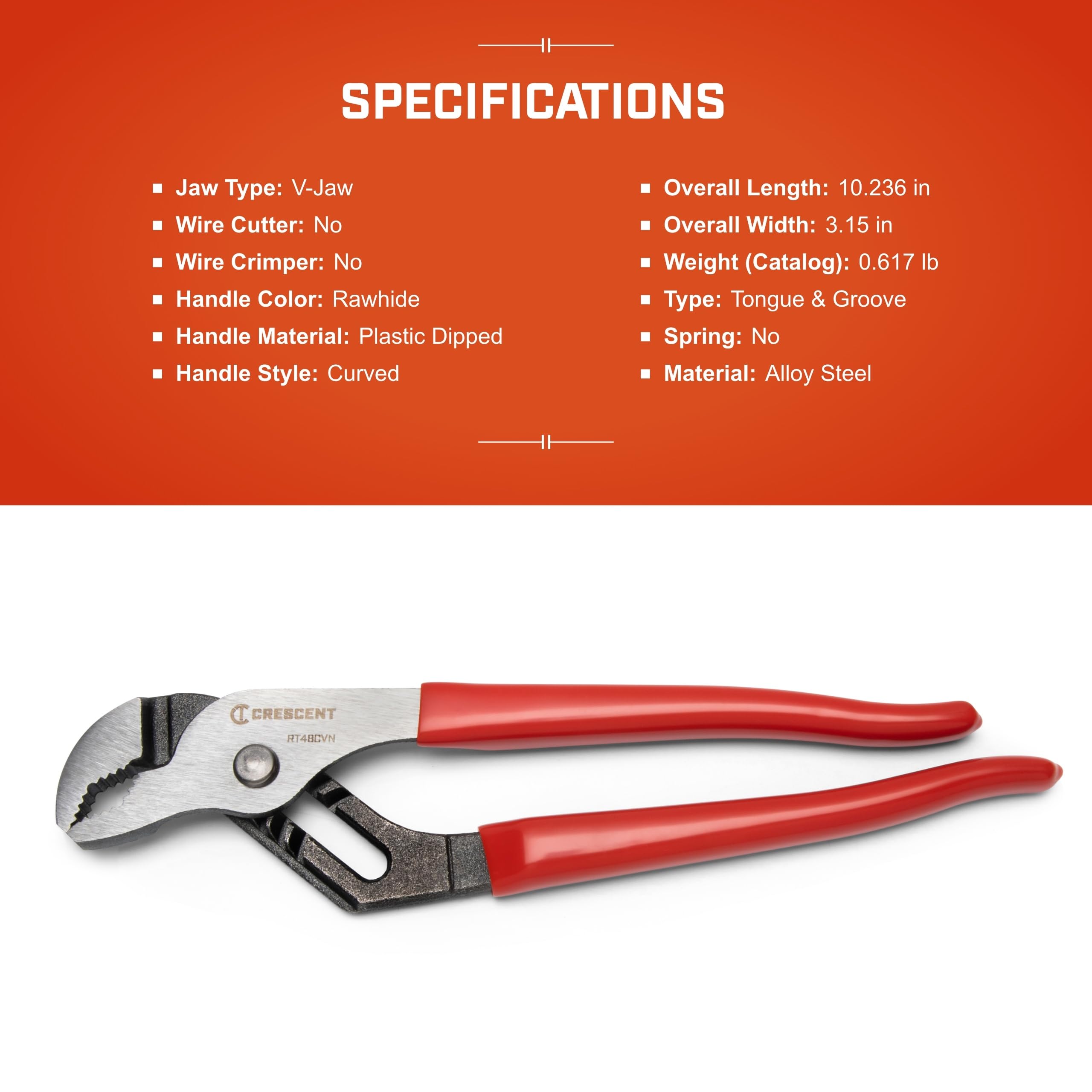 Crescent RT48CVN V-Jaw Tounge and Groove Dipped Grip Plier, 8" Size - Image 6