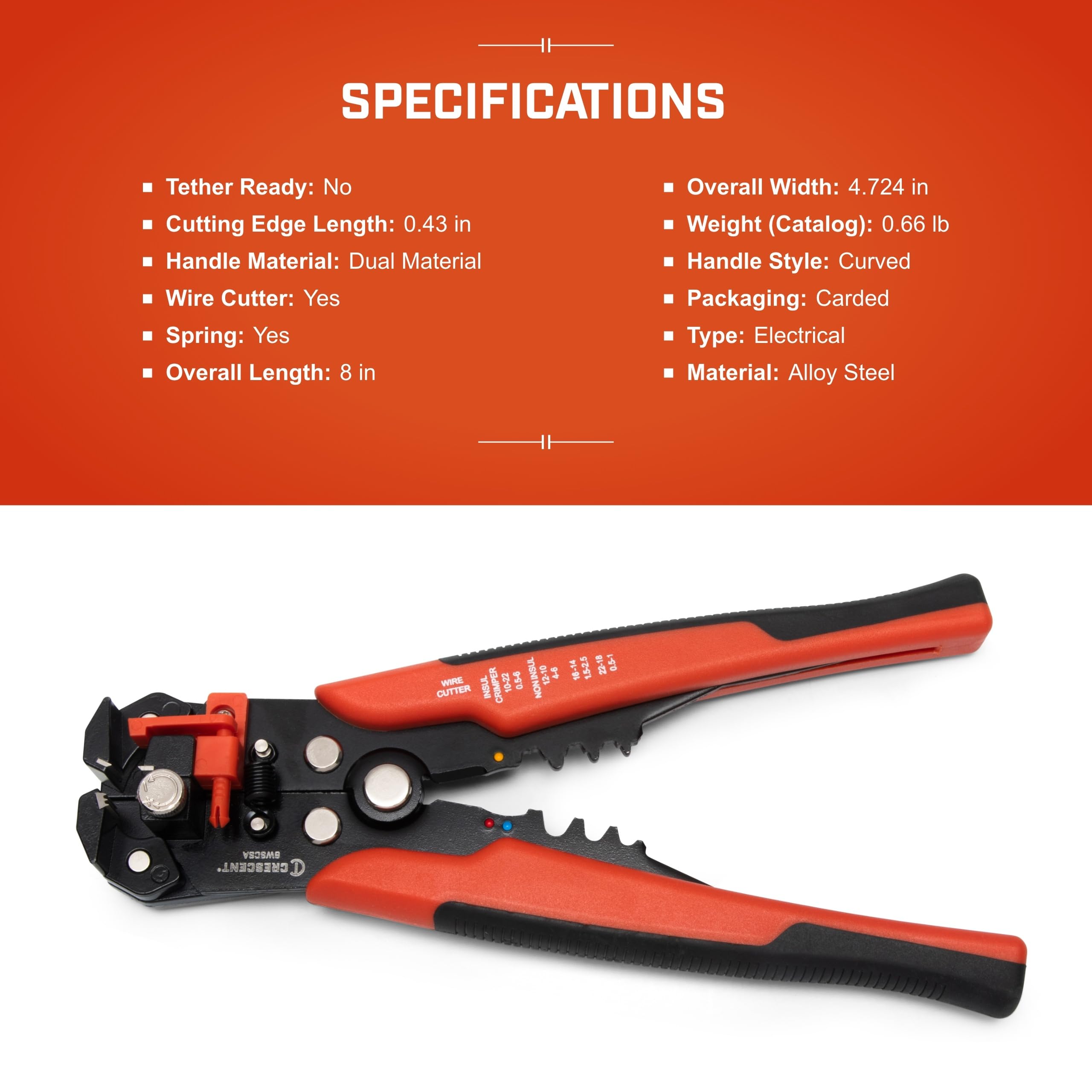 Crescent Self-Adjusting Wire Stripper & Cutter - Premium Hand Tool For Electricians - Includes Wire Crimper - 8" - 8WSCSA - Image 5