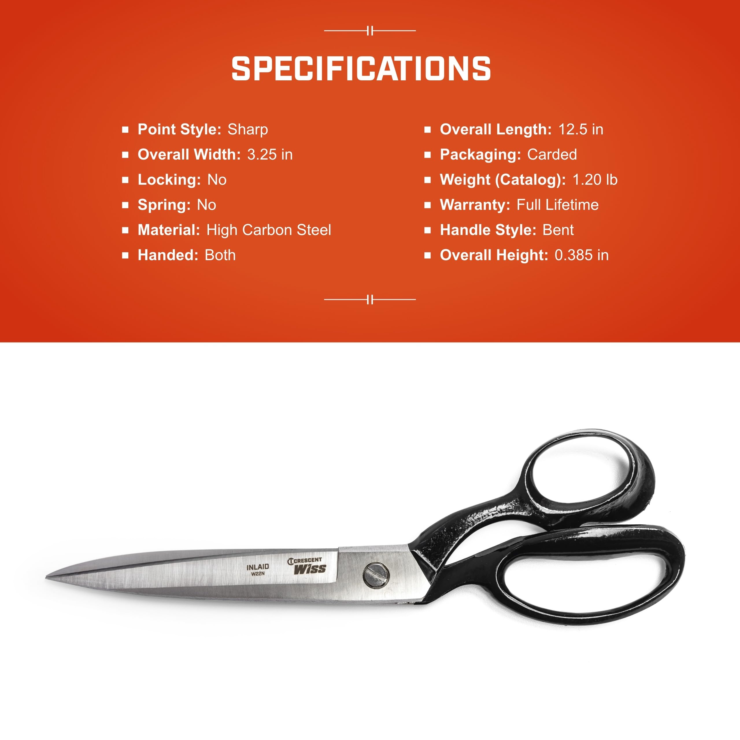Crescent Wiss 12" Bent Handle Industrial Shears - Professional Heavy Duty Utility Scissors Tool for Sewing Fabric, Upholstery & Leather - W22N - Image 4